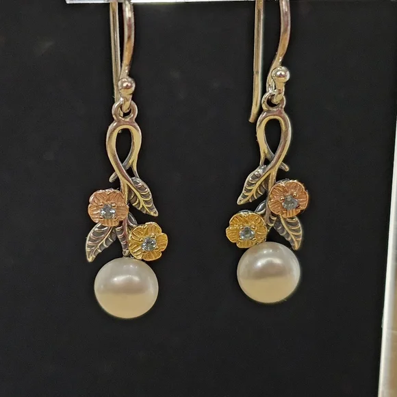 PZ Israel 925 Silver with Blue Topaz and Freshwater Pearls Drop Earrings - Picture 11 of 15
